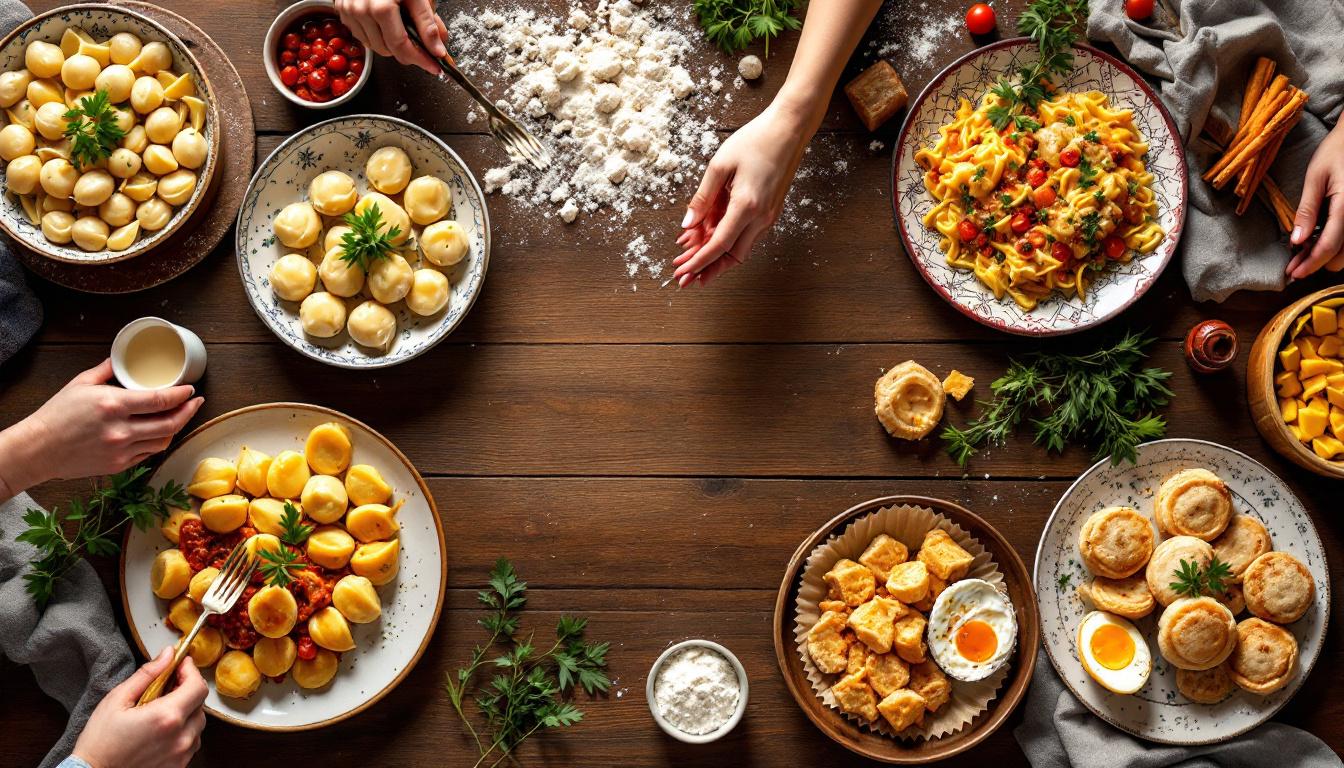 Натуральные полуфабрикаты и татарская выпечка на деревянном столе